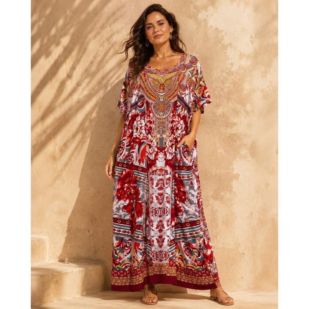 Miss Lavish London Kaftan Maxi Dress Free Size Red Floral Boho Resort